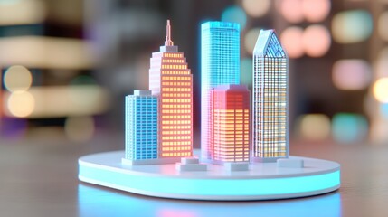 Cityscape Model on Display at Night. Futuristic concept. Glowing city lights and modern architecture