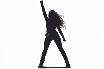 A striking silhouette of a woman exuding strength and determination with her fist raised high in the air. 
