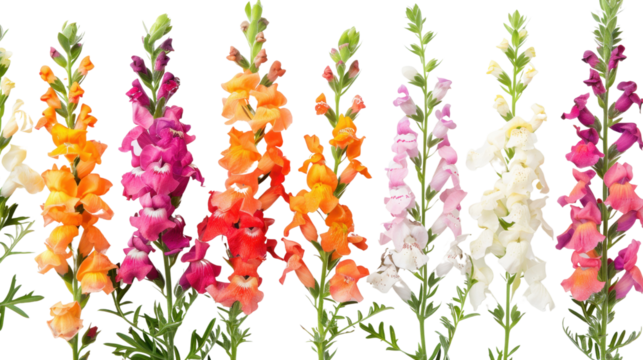 Colorful snapdragon flowers blooming on transparent background