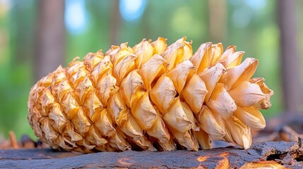 Fototapeta premium Close up cone on log in forest, sunny day. Education, nature books, botany