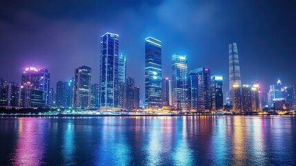 Obraz premium Night cityscape with illuminated skyscrapers and reflective water surface