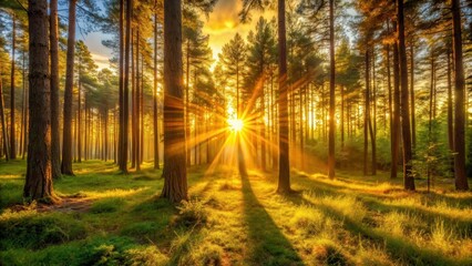 Obraz premium Warm golden rays peeking through the trees of a serene forest landscape at sunset, golden hour , forest