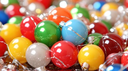 Close up Holiday Ornaments. Christmas baubles in festive colors and silver tinsel, background for ads