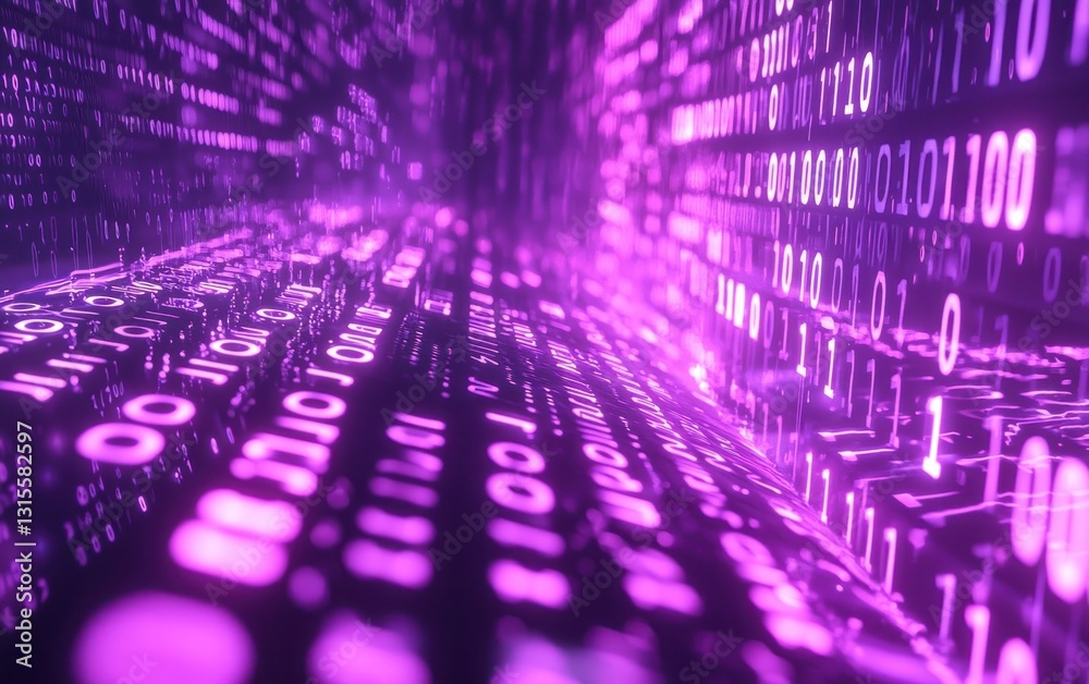 Fototapete abstract digital background with purple glowing binary code forming a tunnel-like perspective. the v