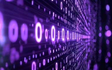 Fototapeta premium Abstract digital background with purple glowing binary code and bokeh effects. The perspective creates a sense of depth and movement through a stream of data. Ideal for technology, data, or