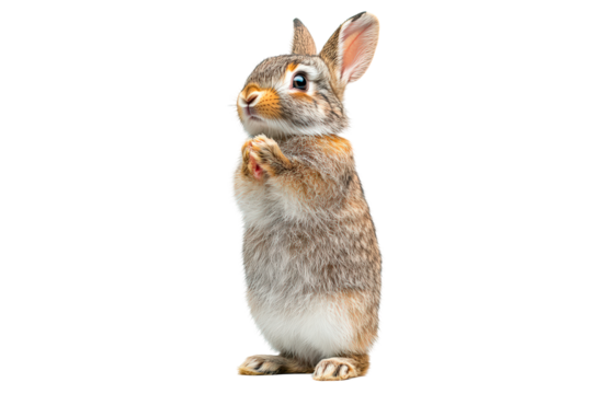 Adorable fluffy rabbit standing on its hind legs isolated on transparent background