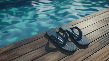 Naklejka premium pair of stylish flip-flops placed neatly on a wooden dock 
