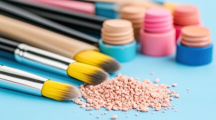 Fototapeta premium Close up shot of make-up brushes and powder on the blue surface for beauty and fashion industry