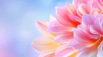 Fototapeta premium Close-up Delicate pink dahlia flower unfurls against soft, pastel sky. Background texture