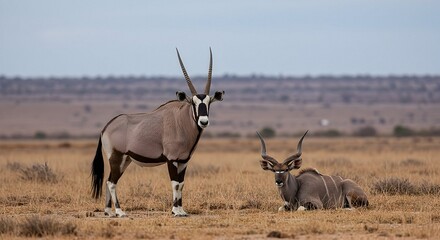Fototapeta premium Antelope Standing and Lying Down in a Dry Grassland Setting