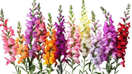 Colorful snapdragon flowers blooming on transparent background