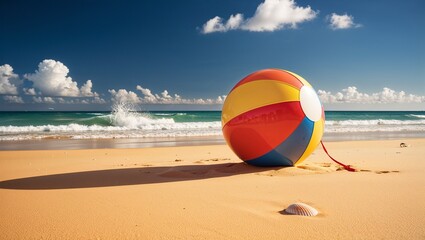 Obraz premium Colorful beach ball on sandy shore with ocean view and sunny summer vibes