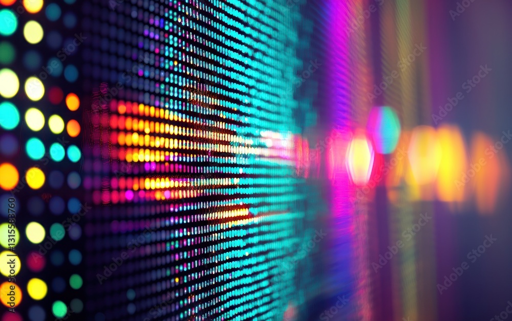 Fototapete Abstract close-up of a vibrant LED display with multicolored lights creating a dynamic pattern.  The image features a shallow depth of field, emphasizing the glowing pixels