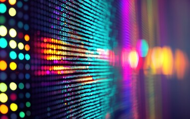 Naklejka premium Abstract close-up of a vibrant LED display with multicolored lights creating a dynamic pattern. The image features a shallow depth of field, emphasizing the glowing pixels