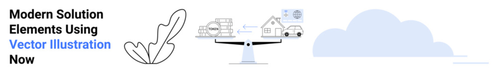 Leaf symbolizing nature contrasts balanced scales with homes, vehicles, and cloud services. Ideal for sustainability, technology, housing, transport, ecology innovation data. Perfect for flat