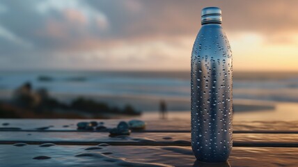 water bottle covered in condensation, standing on a picnic table with beach scenery, copy space for text 