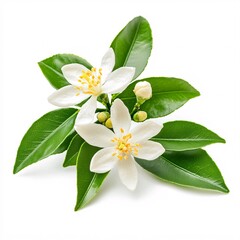Fototapeta premium Citrus blossom with delicate white petals and vibrant green leaves against a clean white background