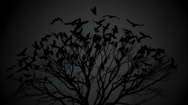 big huge flock of crows fly of dead tree top at the same time at night in black and white