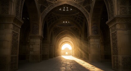 Obraz premium Arched Hallway Interior with Sunlight and Ornate Stone Carvings