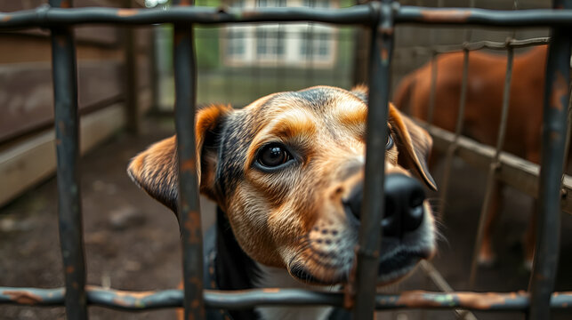 Hund im Tierheim hinter gittern, trauriger Blick