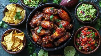 Delicious Game Day Spread Featuring BBQ Chicken Wings, Guacamole, Salsa, and Tortilla Chips