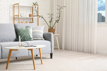 Interior of modern living room with grey sofa, table and shelf unit