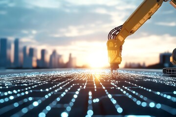 Robotic Arm Interacting with Futuristic Cityscape Data Network at Sunset