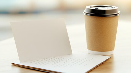 Coffee and a white card on a table in a cafe, blank for message. Background is bright and blurry