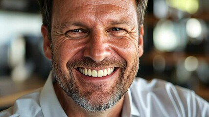Joyful man with a beard smiling at a casual gathering in a bright indoor space