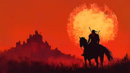 Fotobehang Lone Rider at Sunset: A silhouette of a rider on horseback, silhouetted against a vibrant sunset, riding across a vast landscape, evokes a sense of adventure and mystery. © Black Queen Design