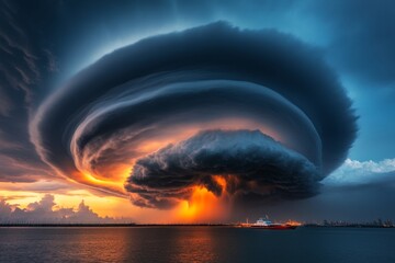 A towering anvil cloud in the distance, symbolizing the approach of a powerful storm, set against a clear blue sky