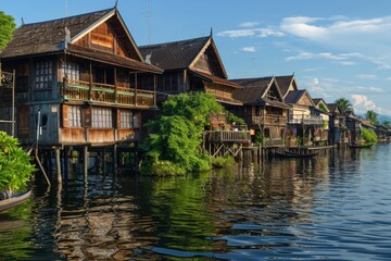 Fototapeta premium A row of wooden stilt houses line the shore of Inle Lake, Myanmar, reflecting in the still water, Riverside villages with wooden houses built on stilts overlooking the water