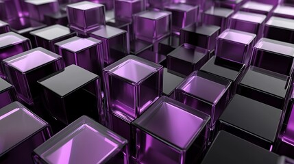 Abstract Purple and Black Glass Cubes 3D Render Geometric Background Modern Design Digital Art Technology Illustration Shiny Reflective Surface       