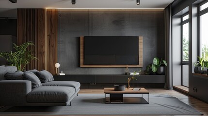 TV lounge interior design in home with LED hanging on wall