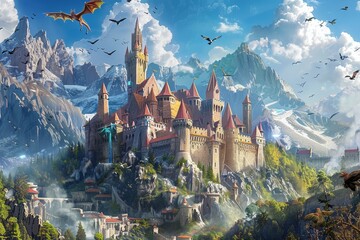 A magical castle perched high in a fantastical land, with dragons soaring through the sky, A magical castle in a fantastical land with dragons and wizards