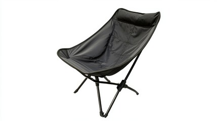 19.A compact and ergonomic camp chair with a durable frame and breathable fabric, isolated on a white background, ideal for outdoor adventures and camping trips.