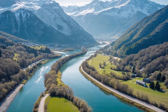 Stunning Aerial View of Enns River in Austria Surrounded by Lush Mountains on a Clear Spring Day