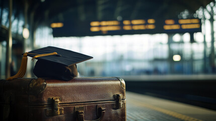 Graduation Cap Resting on a Leather Suitcase at a Train Platform