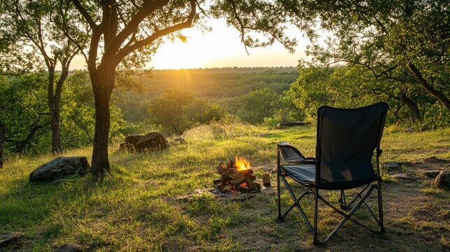 23.A comfortable camping chair set up at a woodland campsite, with trees surrounding the area and a campfire glowing in the distance, creating a perfect spot for rest and relaxation in nature.