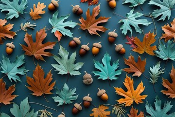 Vibrant Chestnut and Teal Elm Leaves with Acorns for Stunning Fall Background