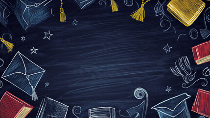 Chalkboard-Style Background with Hand-Drawn Graduation Doodles