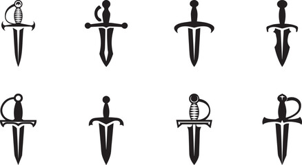 Sword and Dagger Icon Set - Black and White Medieval Weapon Vector Collection