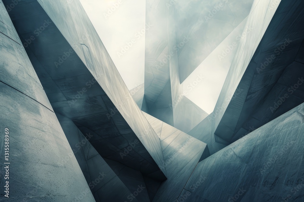 Poster abstract concrete structure with sharp edges and geometric shapes. light streams through, creating d