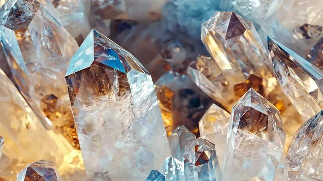 Close-up of clear quartz crystals with sharp edges and reflective surfaces.