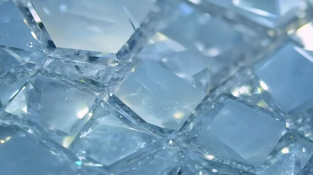 Close-up of multiple Clear quartz, faceted gemstones with a blue tint, reflecting light.