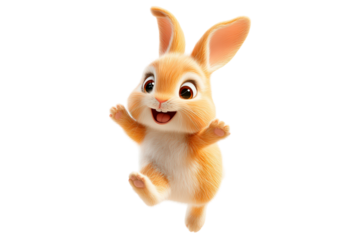 Cute cartoon rabbit character jumping joyfully with a big smile isolated on transparent background