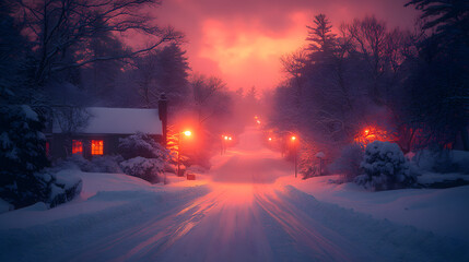 A mesmerizing winter scene with a snow-covered street illuminated by warm orange streetlights