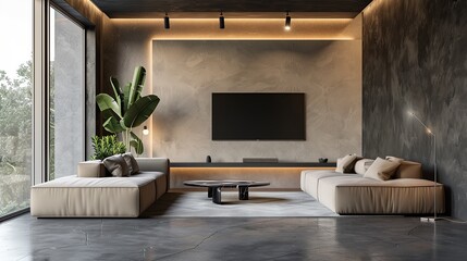 TV lounge interior design in home with LED hanging on wall