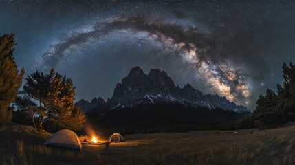 83.A dramatic camping scene under the night sky, with tents nestled in the mountainside, the campfire flickering nearby. The sky is alive with stars, including a clear view of the Milky Way, and