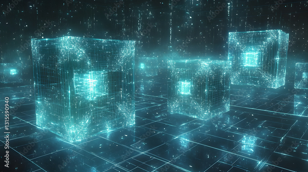 Wall mural a high-resolution digital artwork depicting a futuristic blockchain concept with glowing blue cubes 